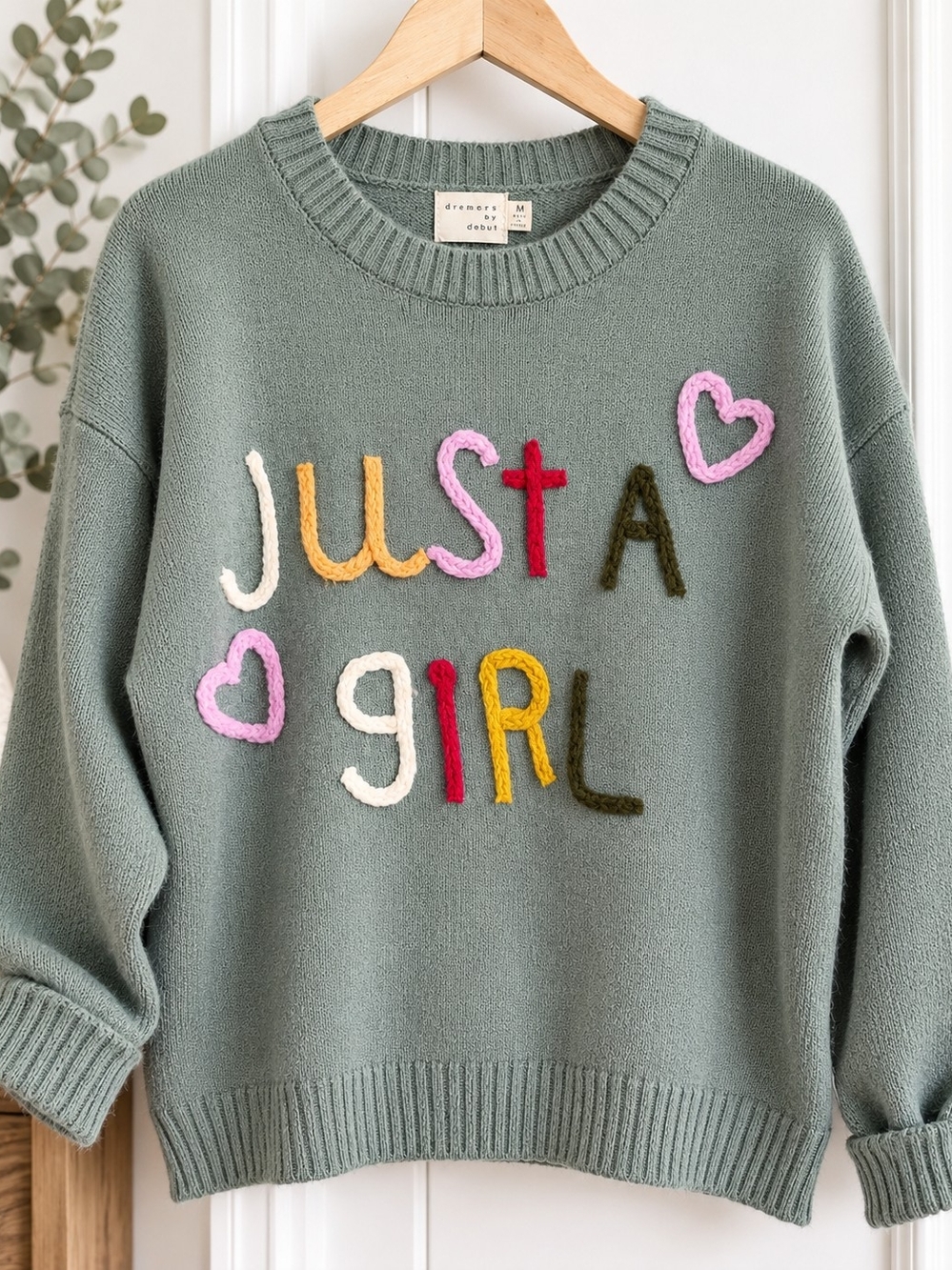 Dreamers by Debut Just A Girl Sage Green Embroidered Heart Sweater M
